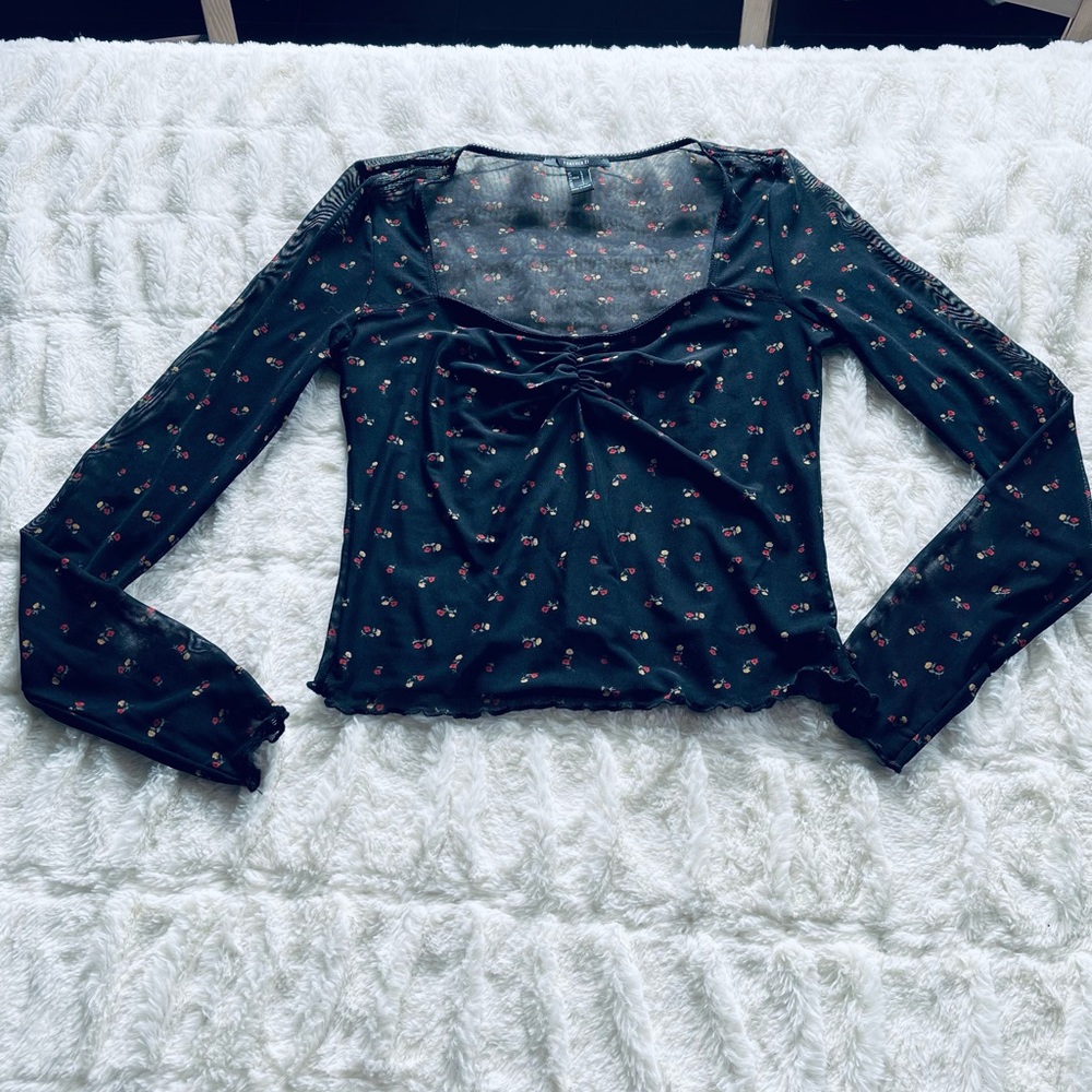 FOREVER 21 black floral see through long sleeve top